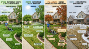 Seasonal lawn mowing schedule showing spring, summer, fall, and winter grass growth