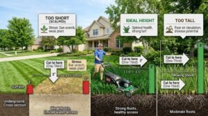 Lawn mowing height chart showing the ideal grass cutting height and One-Third Rule