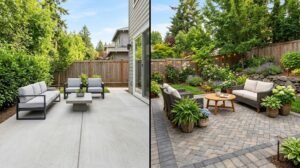 Patio pavers vs concrete comparison showing modern backyard patio designs