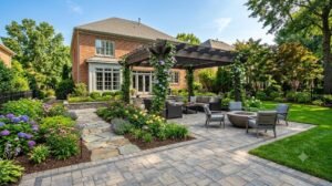 Beautiful Charlotte backyard with paver patio and professional landscaping services