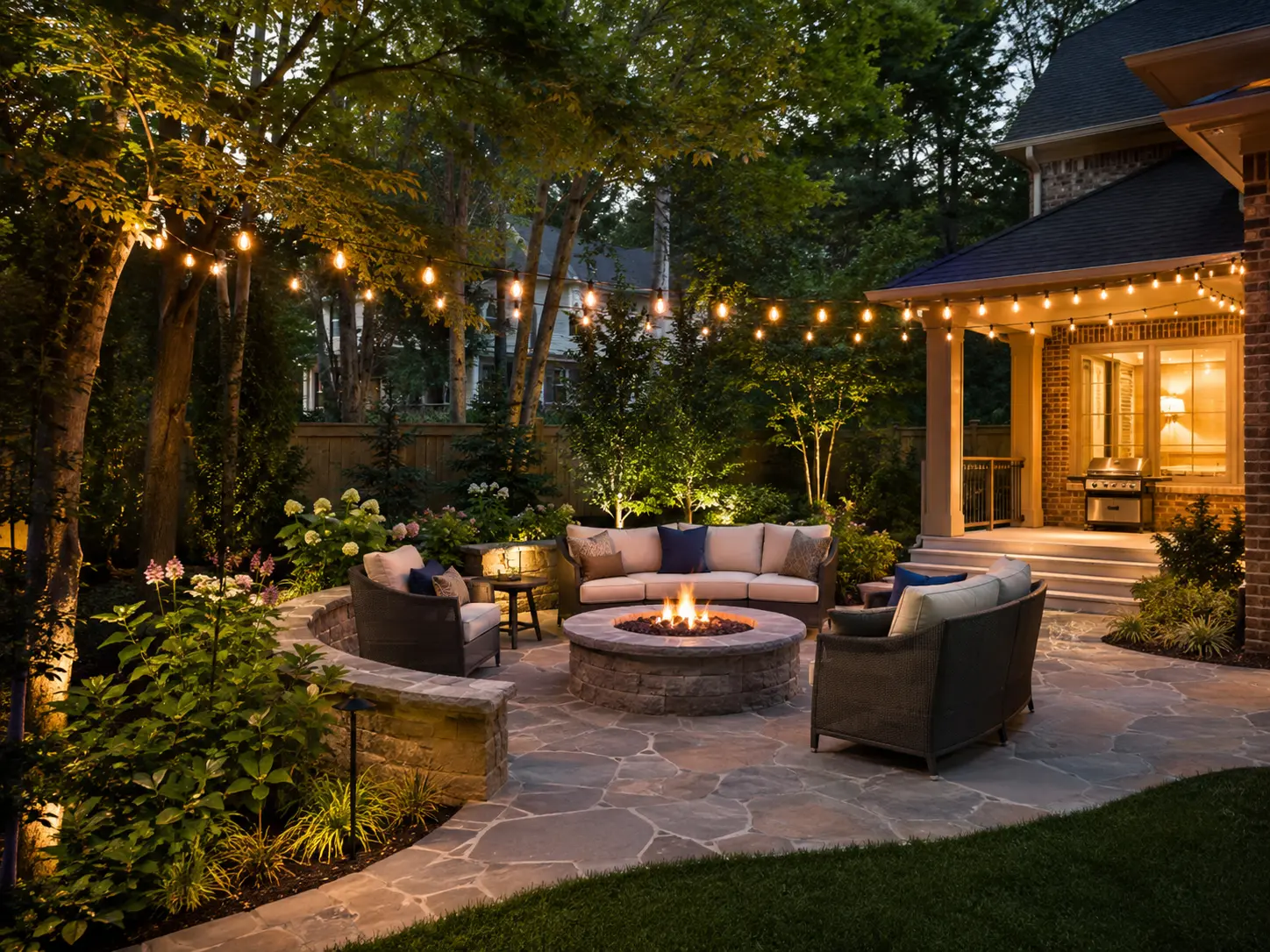 Backyard landscape design ideas in Charlotte NC with patio seating, fire pit, outdoor lighting, and landscaped garden beds