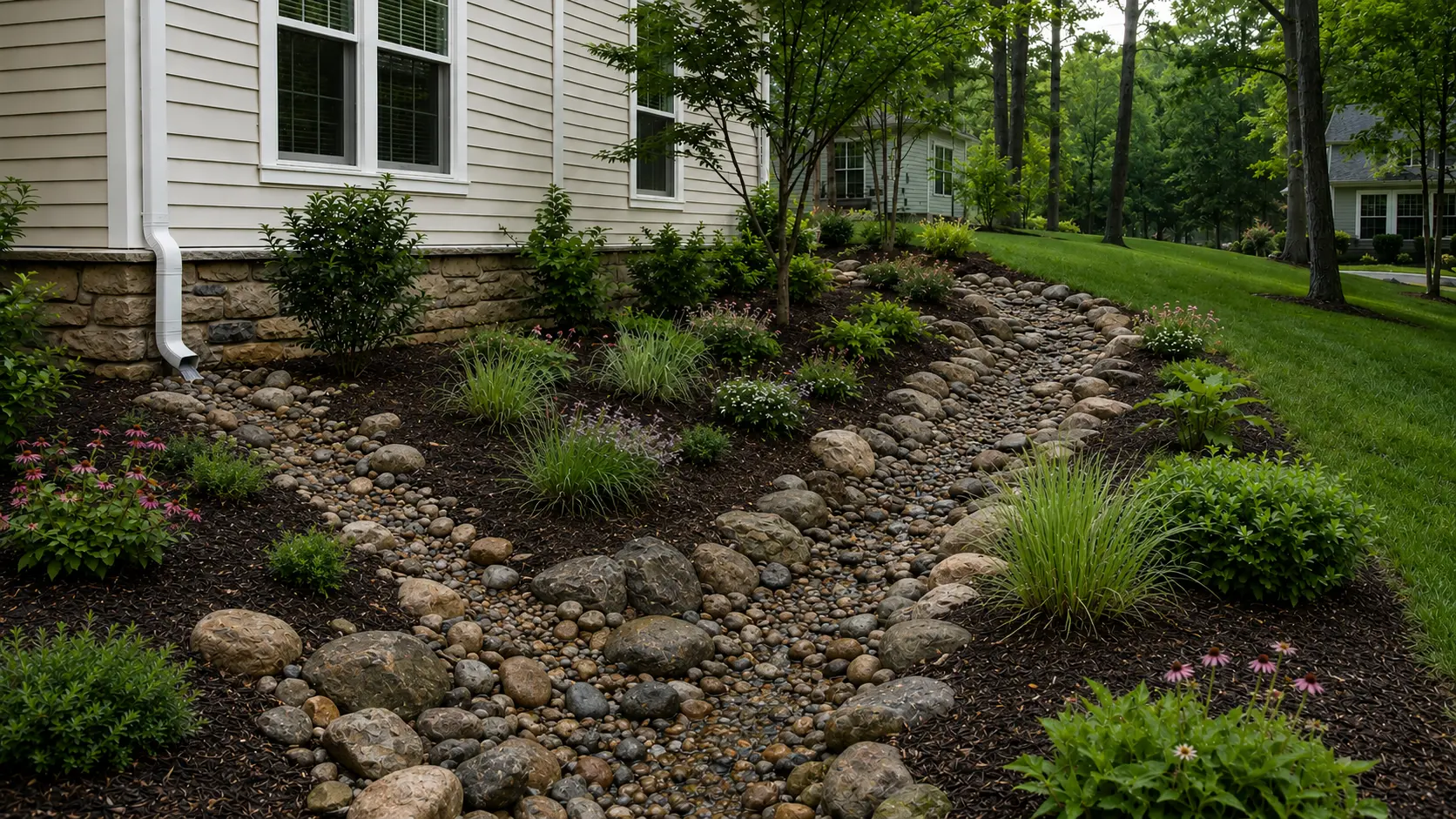 Residential landscape drainage solution in Charlotte NC with dry creek bed, river rocks, grading, and water management plants