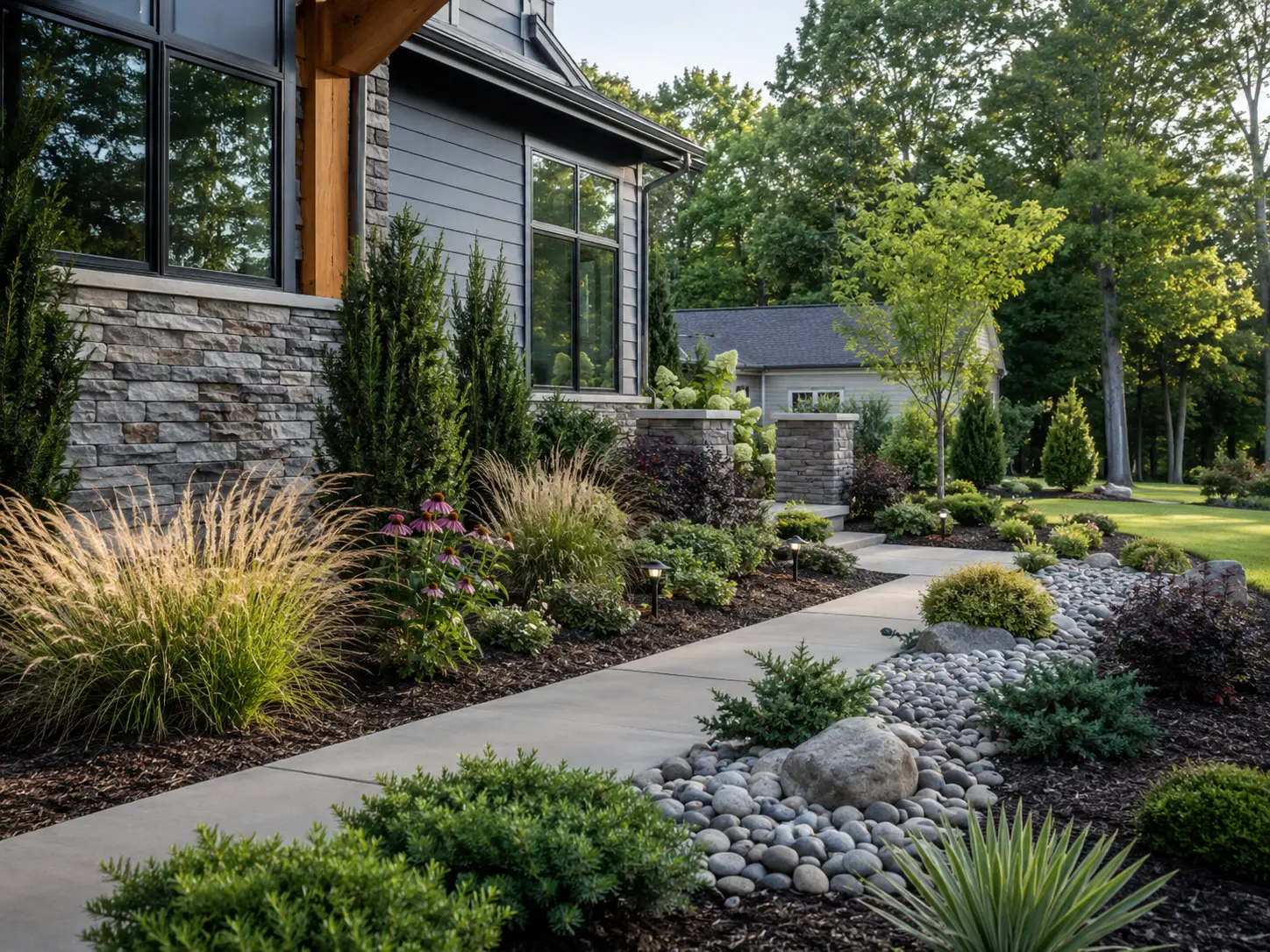 Low-maintenance landscape design in Charlotte NC with ornamental grasses, shrubs, mulch beds, and decorative stone