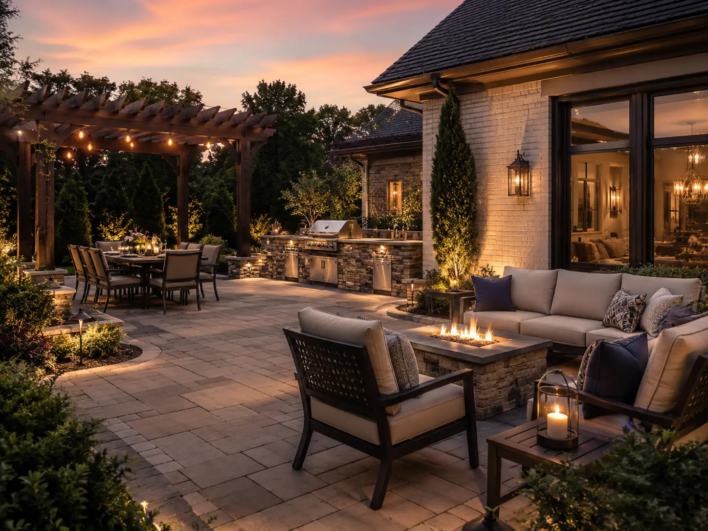 Patio and outdoor living space design in Charlotte NC with pergola, fireplace, seating area, and landscape lighting