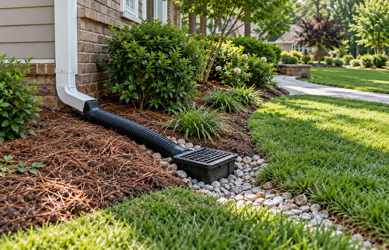 Catch basin and downspout drainage setup beside a residential lawn