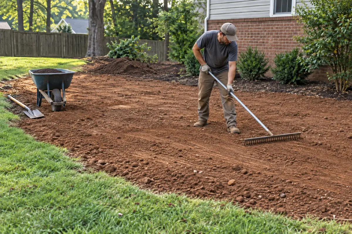 Landscape site preparation and grading in a Charlotte residential yard