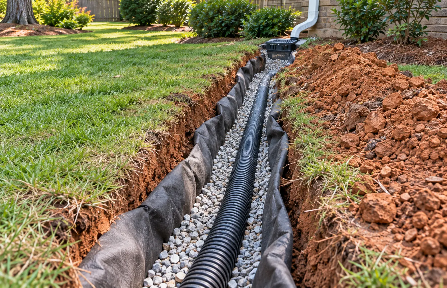 French drain trench with perforated pipe and drainage gravel in a residential yard