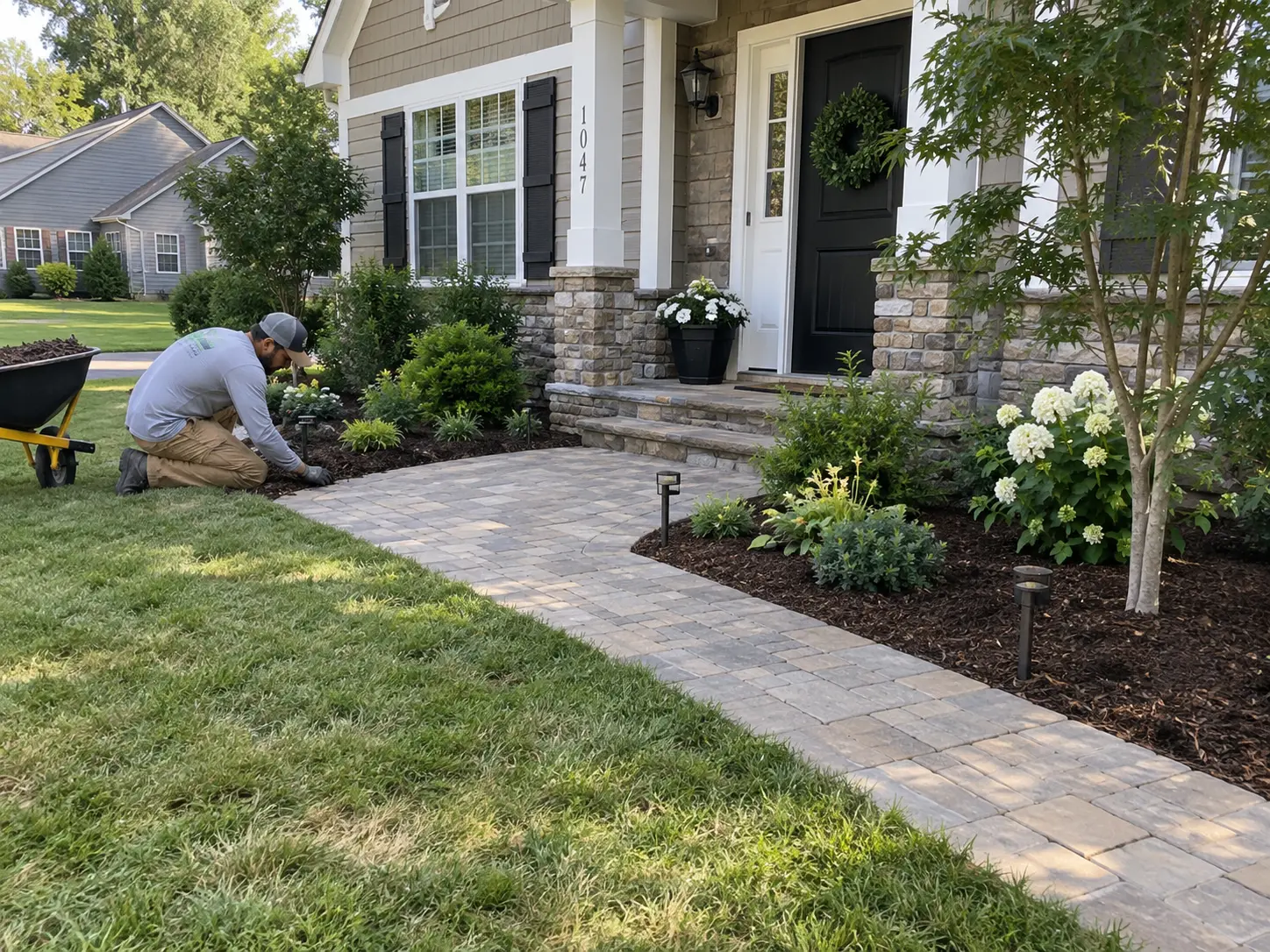 Hardscape and softscape elements coordinated within one residential landscape
