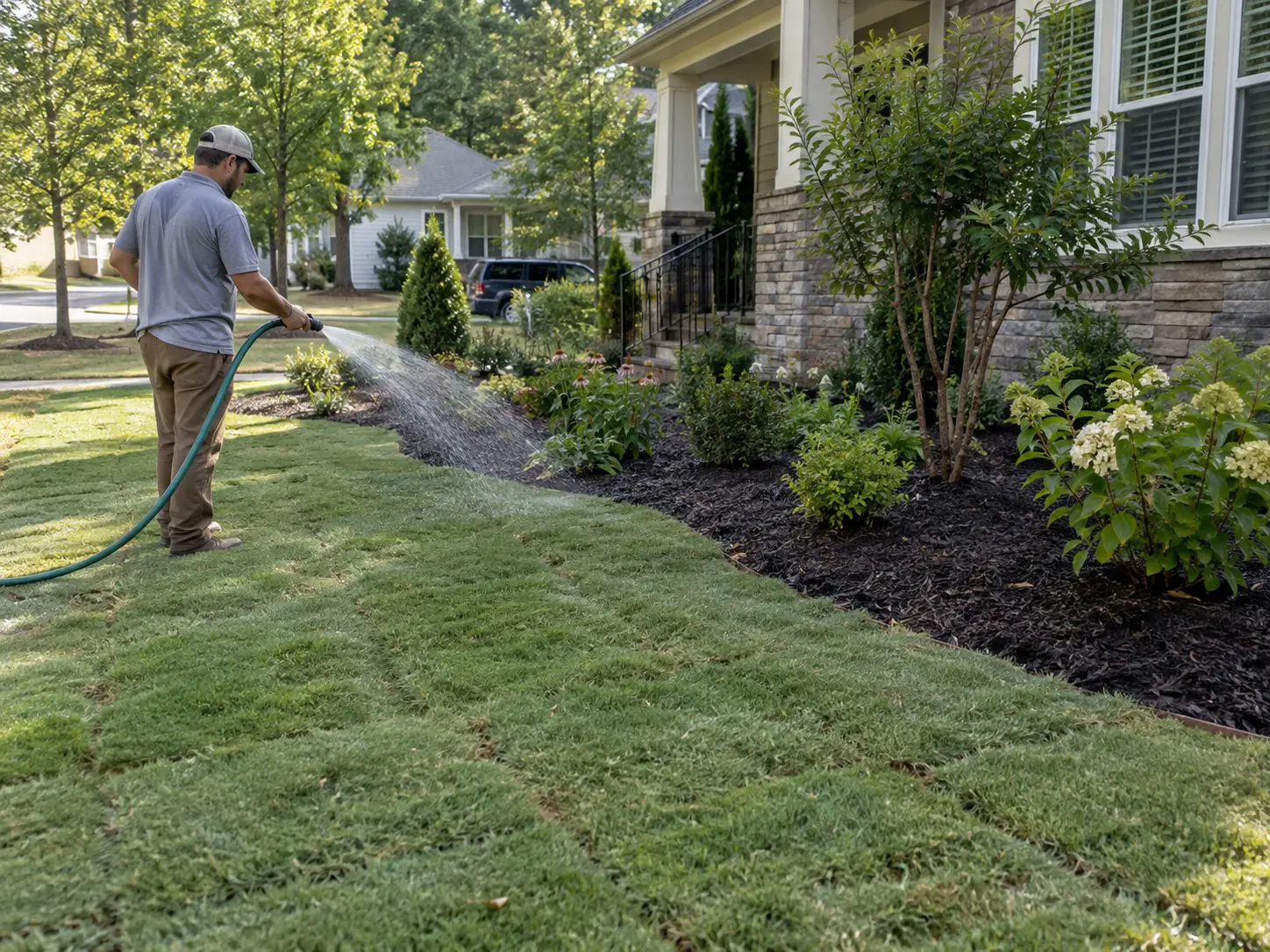Watering and establishment care for newly installed sod and landscape plants