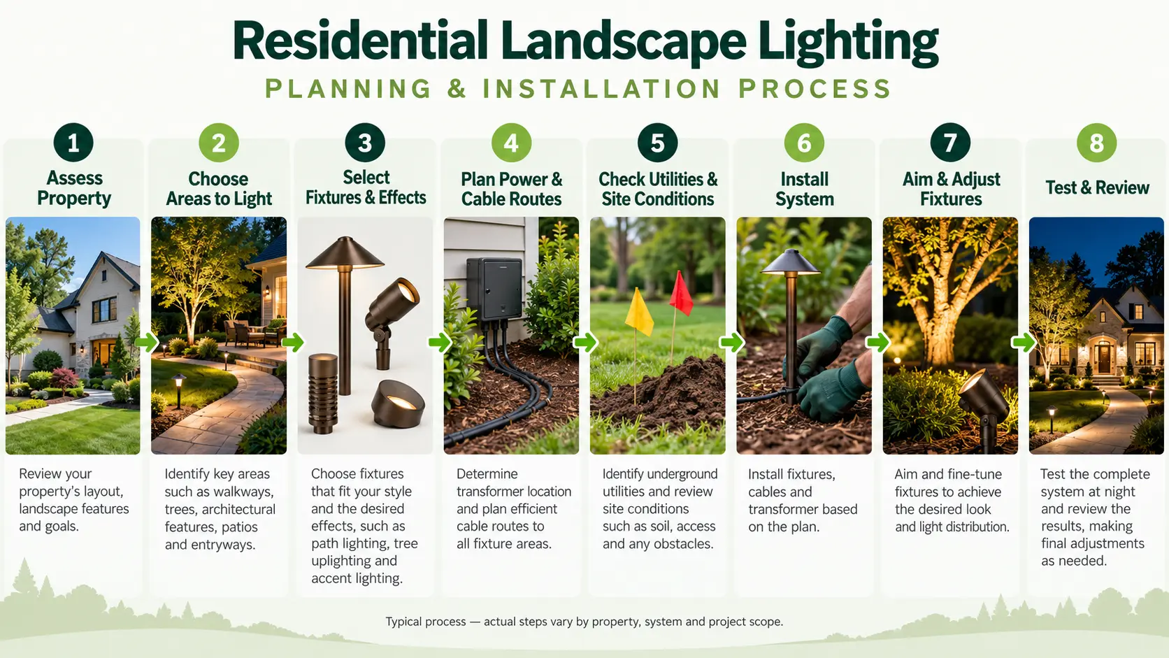 Landscape lighting planning process from property assessment through final aiming and testing