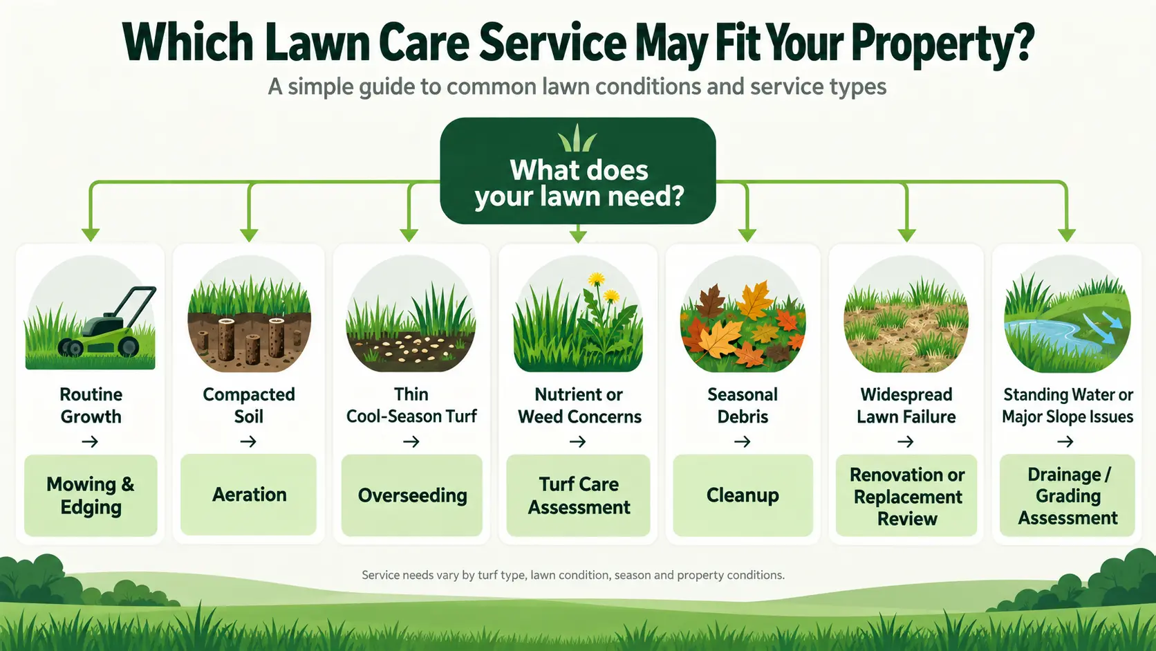 Lawn care service guide comparing mowing, aeration, overseeding, turf care and lawn recovery