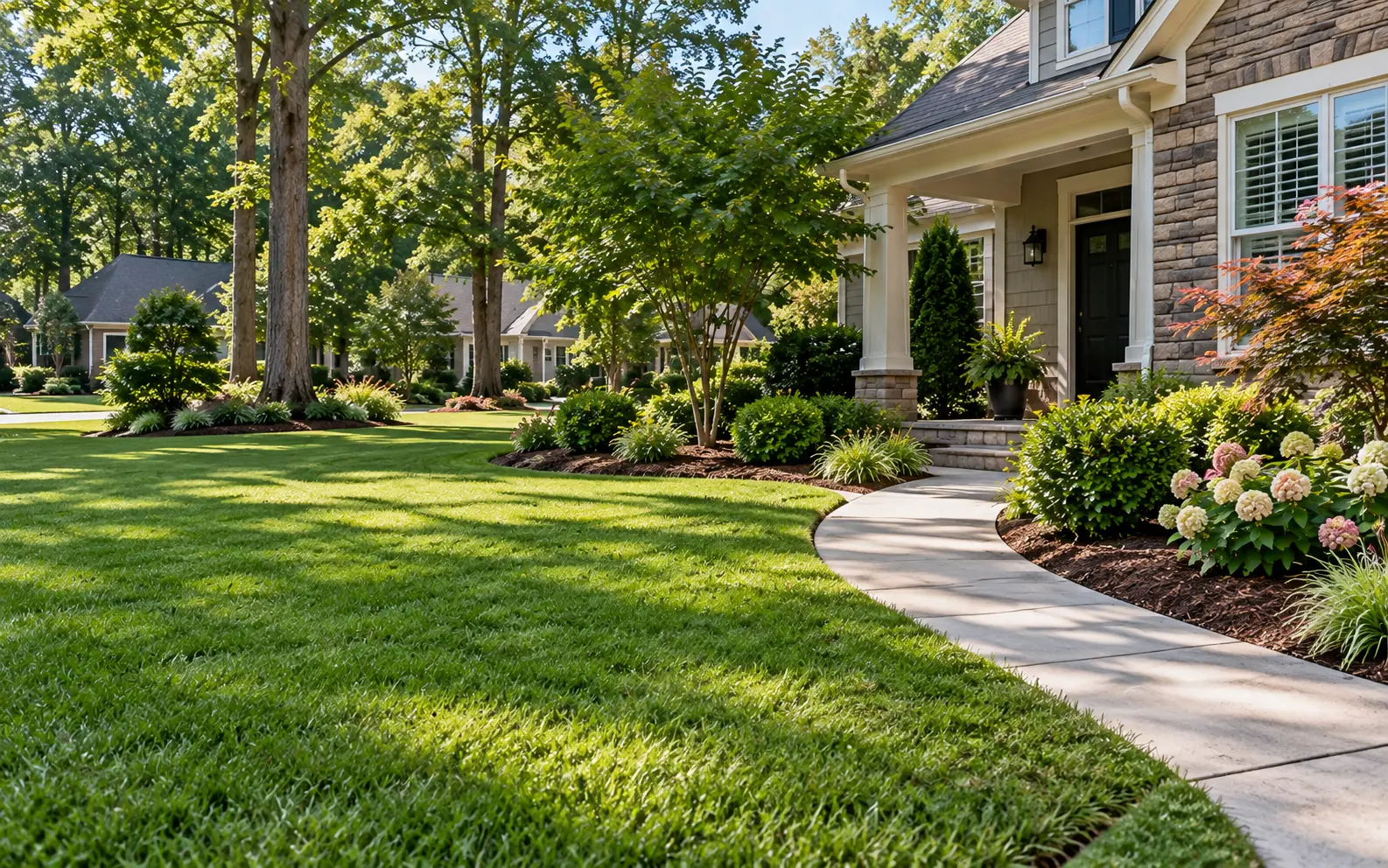 Freshly mowed and edged residential lawn beside a walkway in Charlotte NC