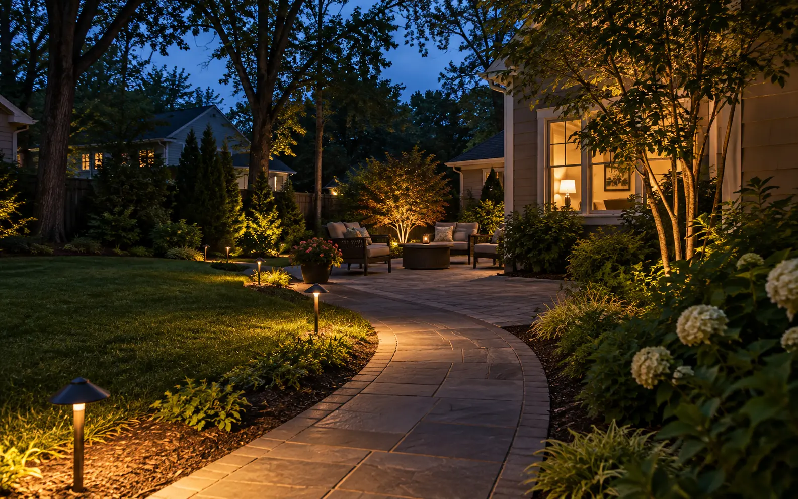 Warm pathway and patio landscape lighting in a residential Charlotte backyard
