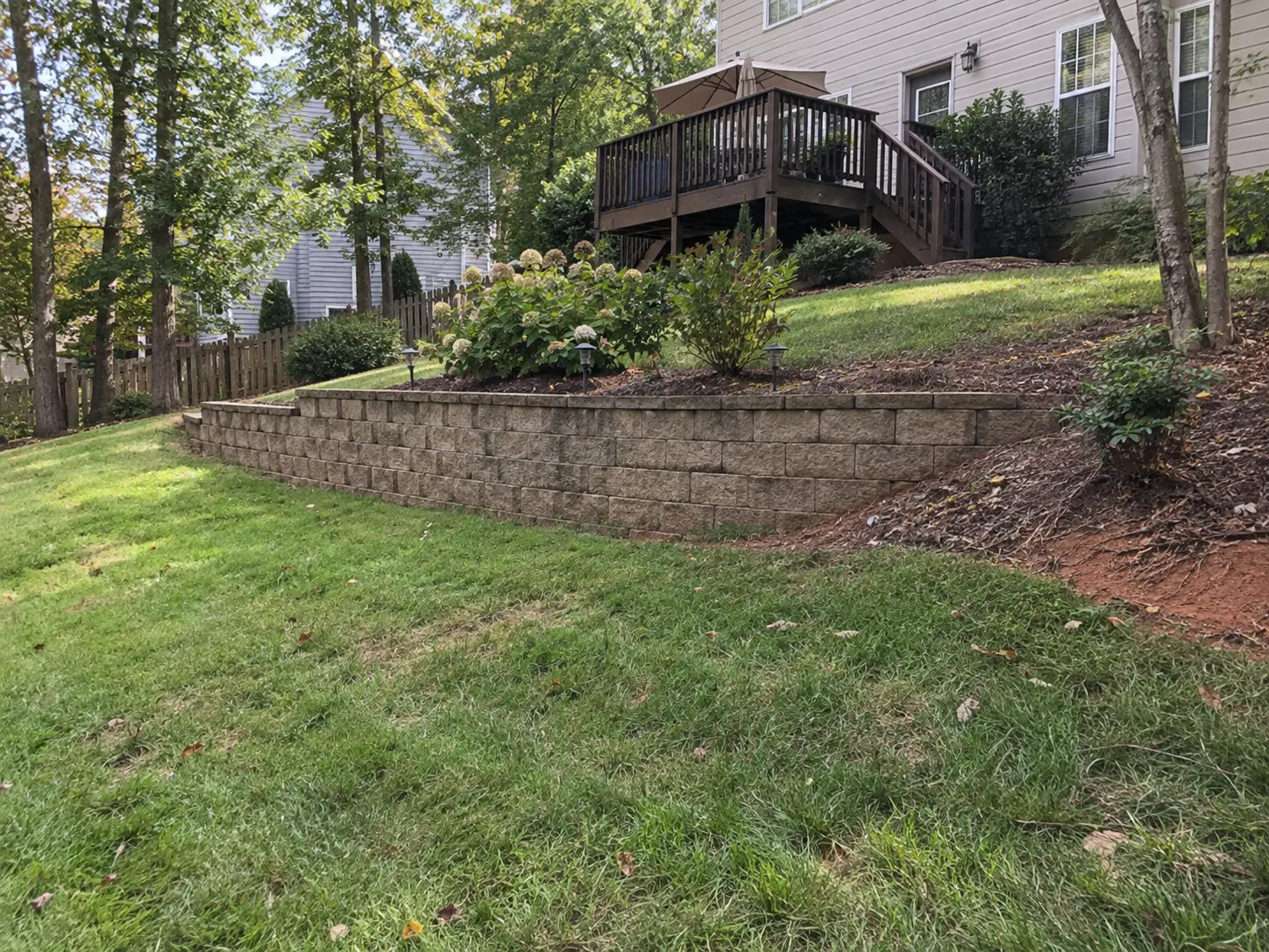 Residential retaining wall built into a sloped Charlotte yard