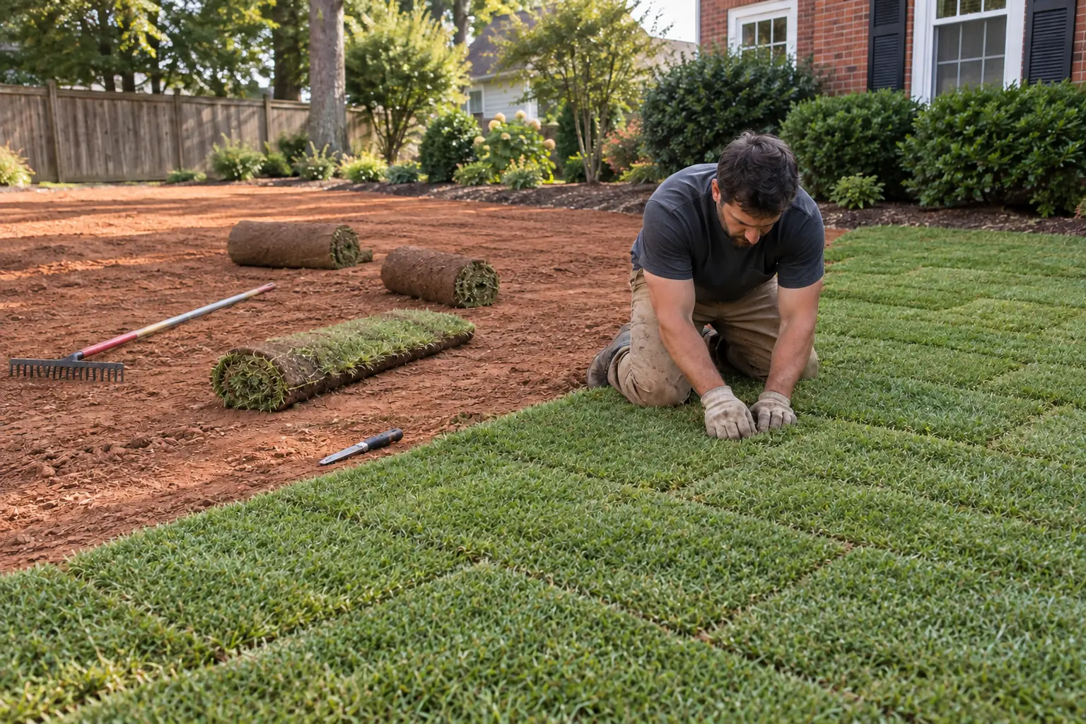 Fresh sod installation on a prepared residential lawn