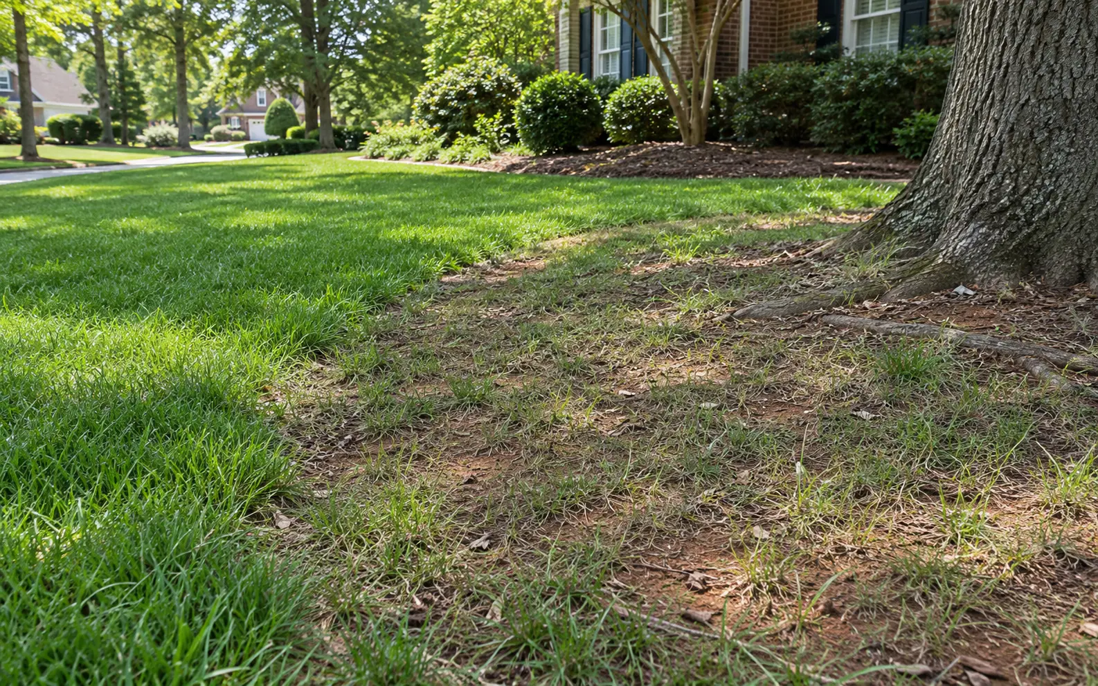 Thin and compacted lawn area being evaluated in a Charlotte residential yard