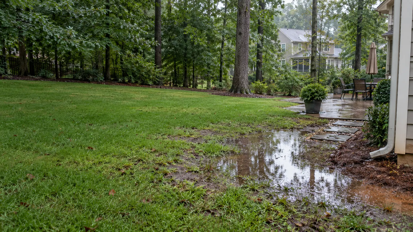 Residential yard with standing water and visible low areas after rain