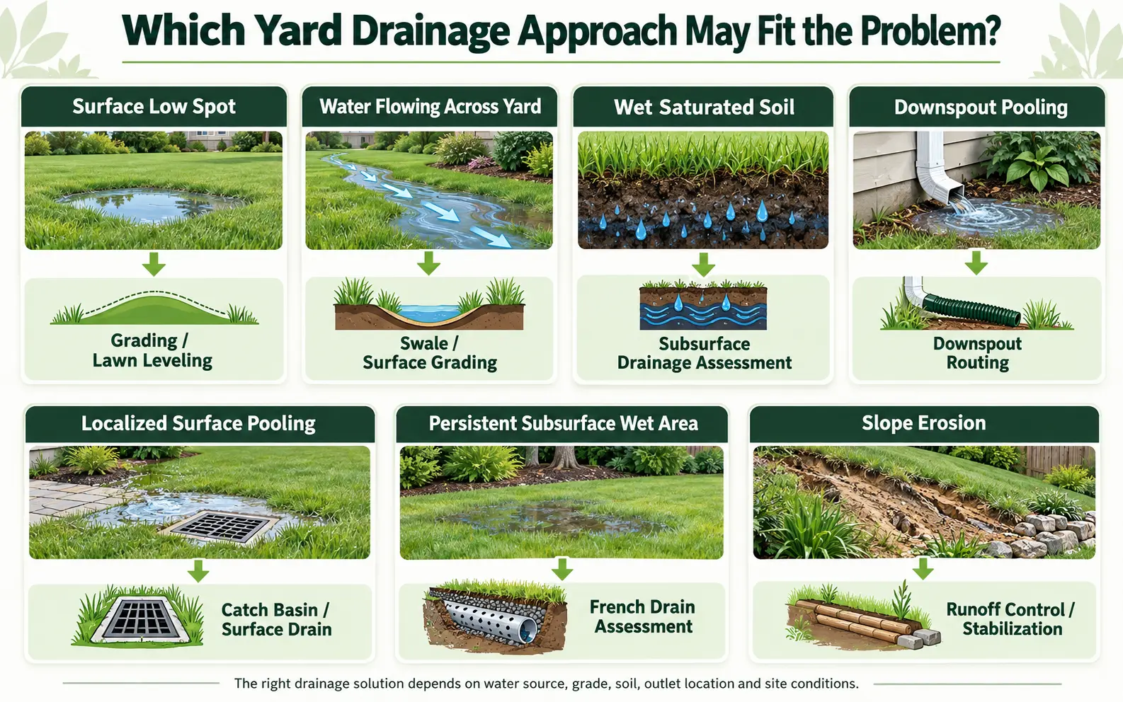 Yard drainage guide comparing grading, French drains, catch basins, downspout routing and swales