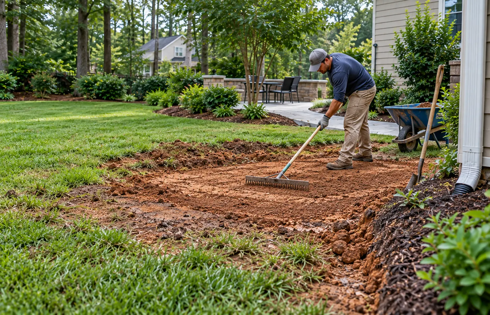 Residential lawn being graded to correct low areas and improve surface drainage